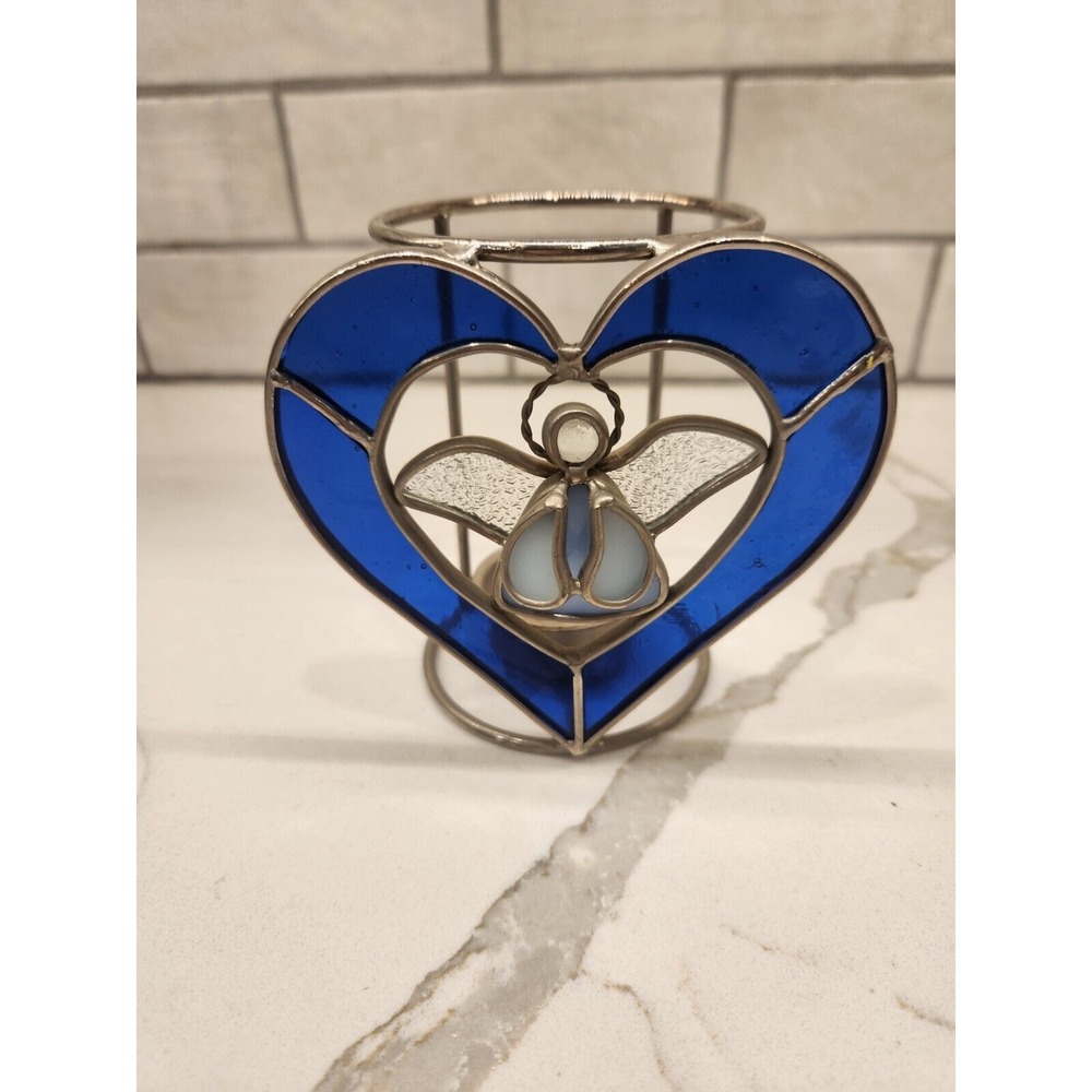 Vintage‎ Stained Glass Tealight Holder Blue Candle Holder Angel Christmas Design